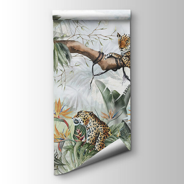 Painting of a group of cheetahs on a tree branch