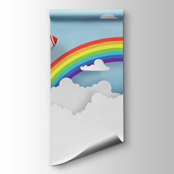 Rocket flying in the sky with clouds and rainbow Rocket flying in the sky with clouds and rainbow