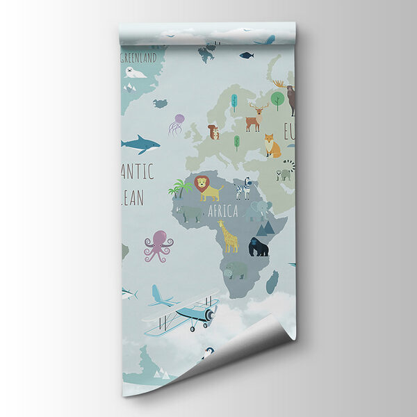 Map of the world with animals and birds