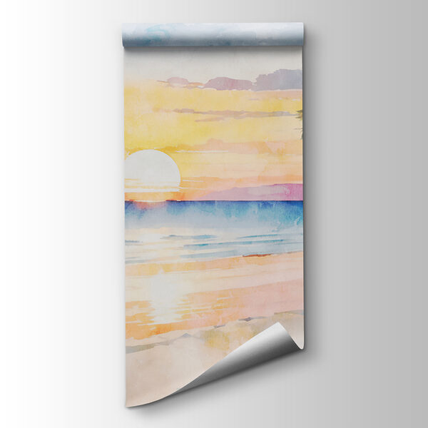 Watercolor of a beach with palm trees and a sunset