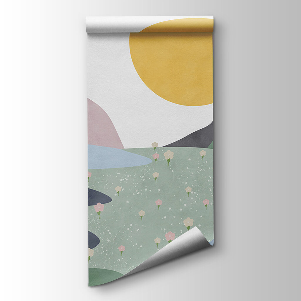 A landscape with mountains and flowers