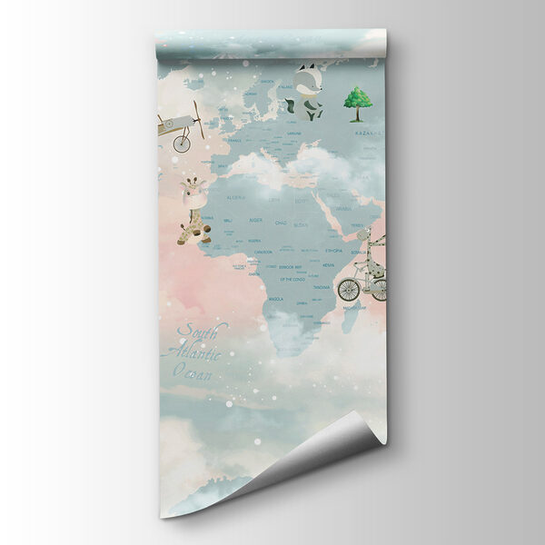 A map of the world with clouds and animals A map of the world with clouds and animals