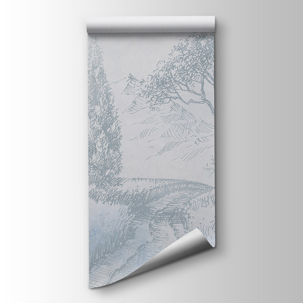 A drawing of a river with trees and mountains