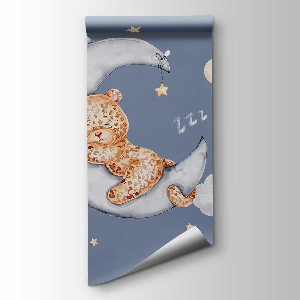 A teddy bear sleeping on the moon