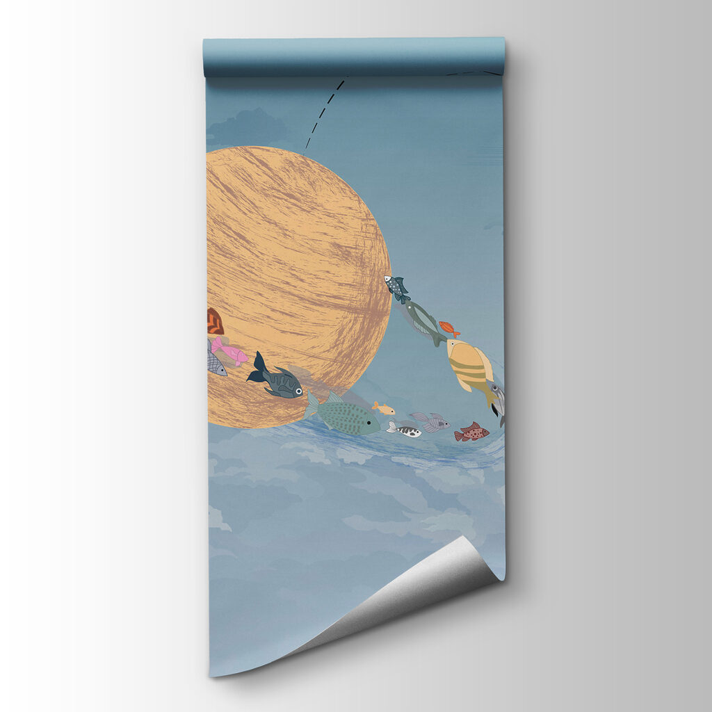 Cartoon of a man fishing in a boat in the sky Cartoon of a man fishing in a boat in the sky