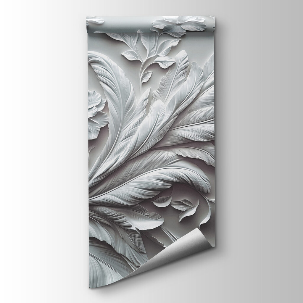 White wall with flowers and leaves White wall with flowers and leaves