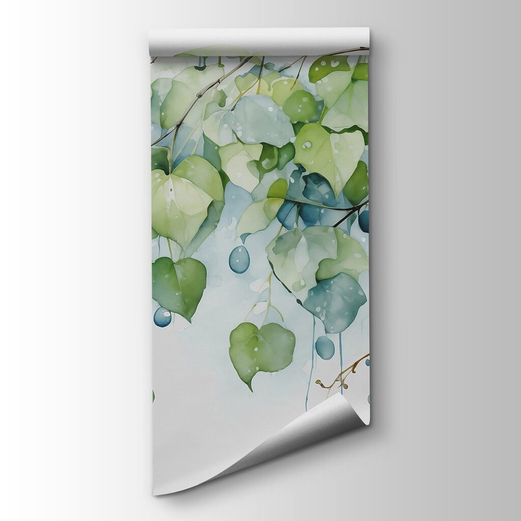 Watercolor painting of a branch with leaves and blue berries