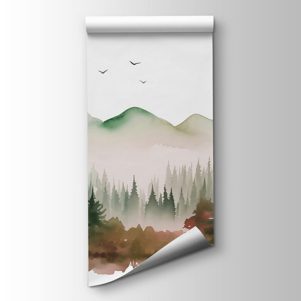 Watercolor painting of a forest and mountains Watercolor painting of a forest and mountains