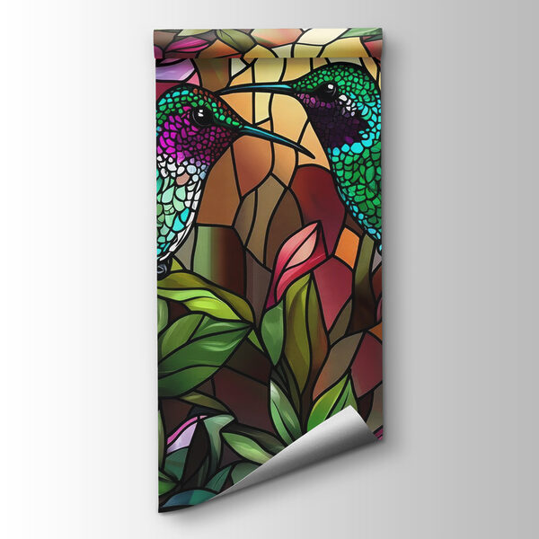 Stained glass window with colorful birds Stained glass window with colorful birds