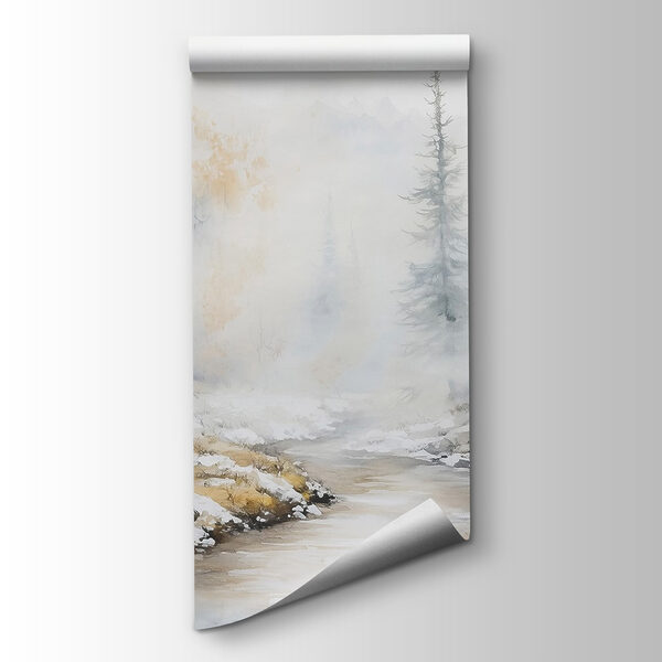 Watercolor painting of a river with trees and snow