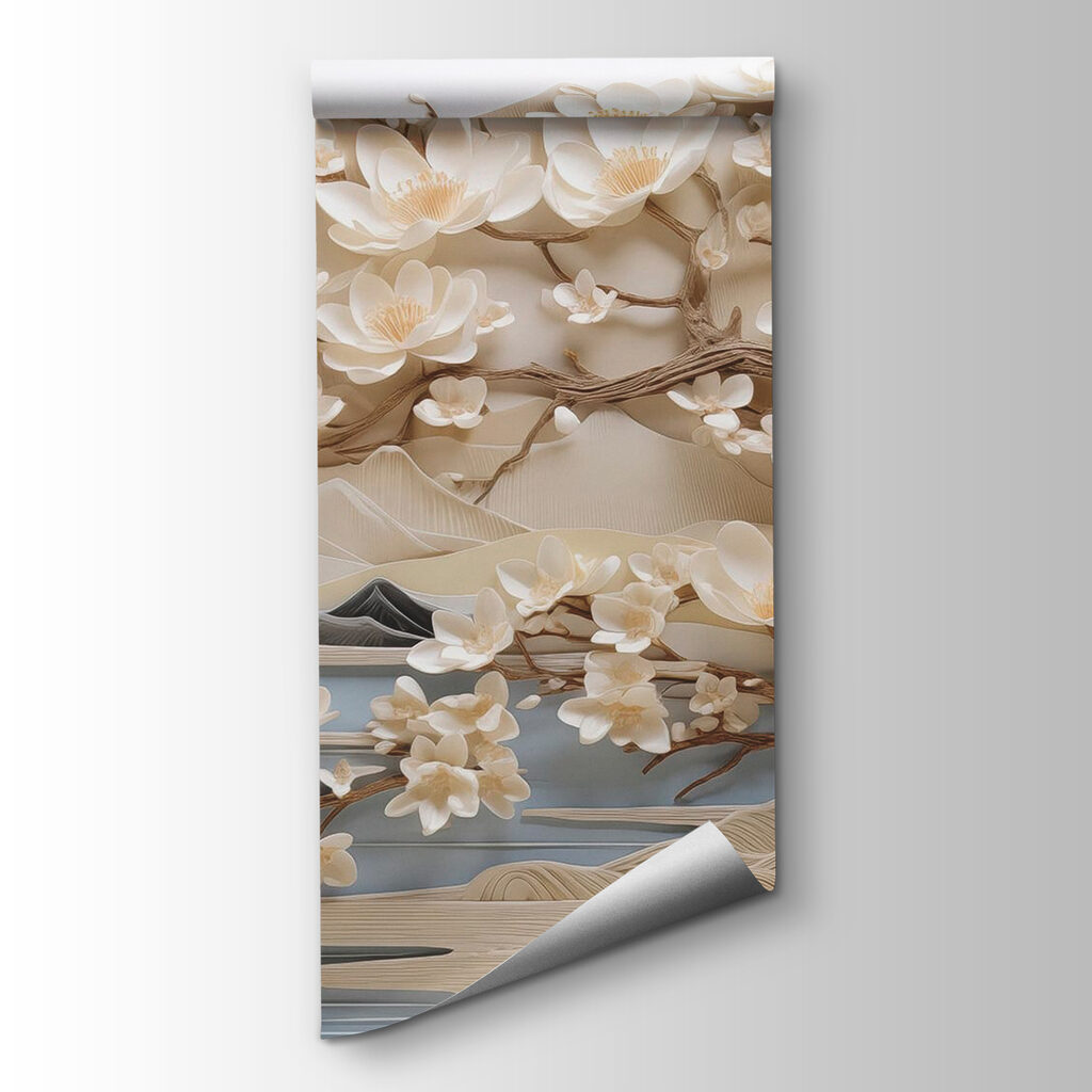 Tree with white flowers and mountains Tree with white flowers and mountains