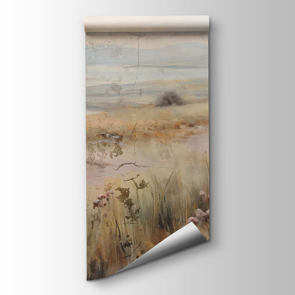 Painting of a field with flowers and a lake