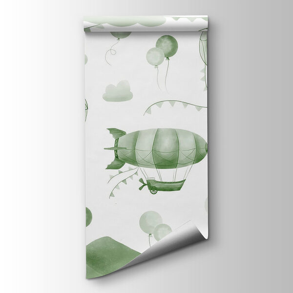 Green and white background with balloons and mountains Green and white background with balloons and mountains
