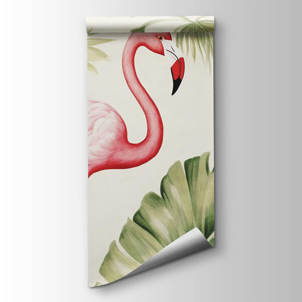Couple of pink flamingos with green leaves