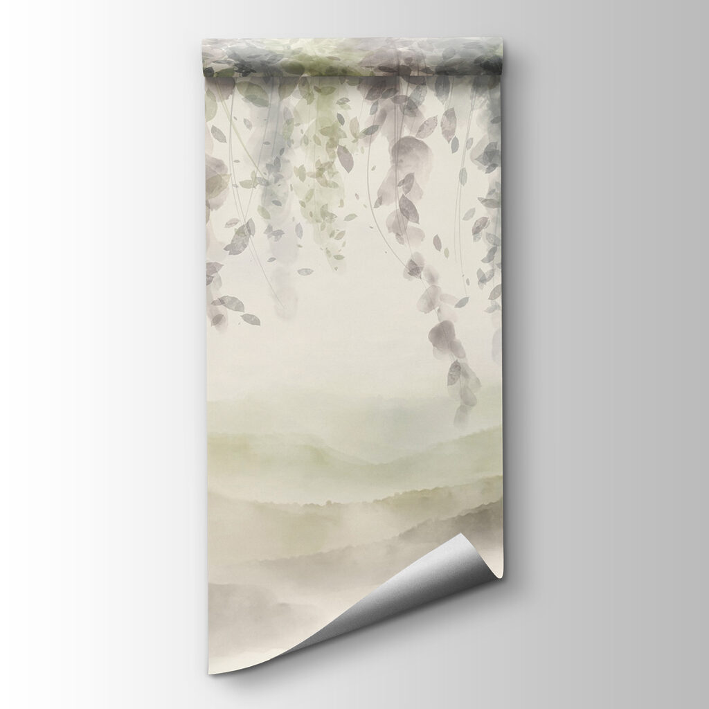 Painting of a landscape with leaves from the ceiling