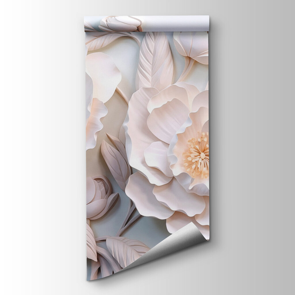 White flowers and leaves on a white surface White flowers and leaves on a white surface