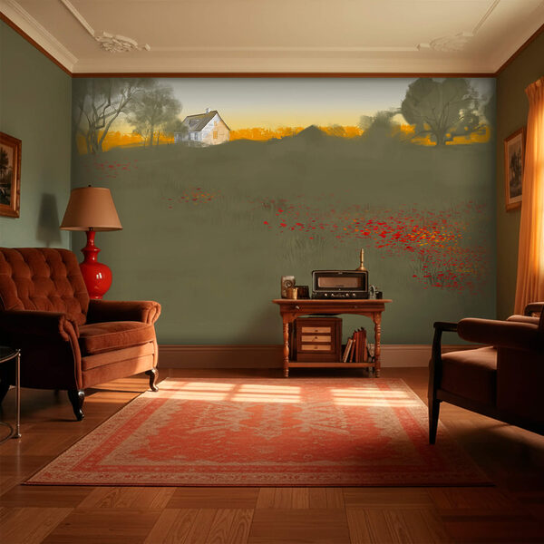 Papel de parede Papel de parede Campo de flores vermelhas com uma casa ao fundo (REF: t00525)