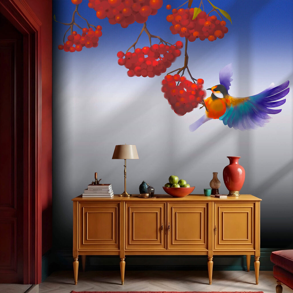 Pássaro comendo um monte de bagas vermelhas