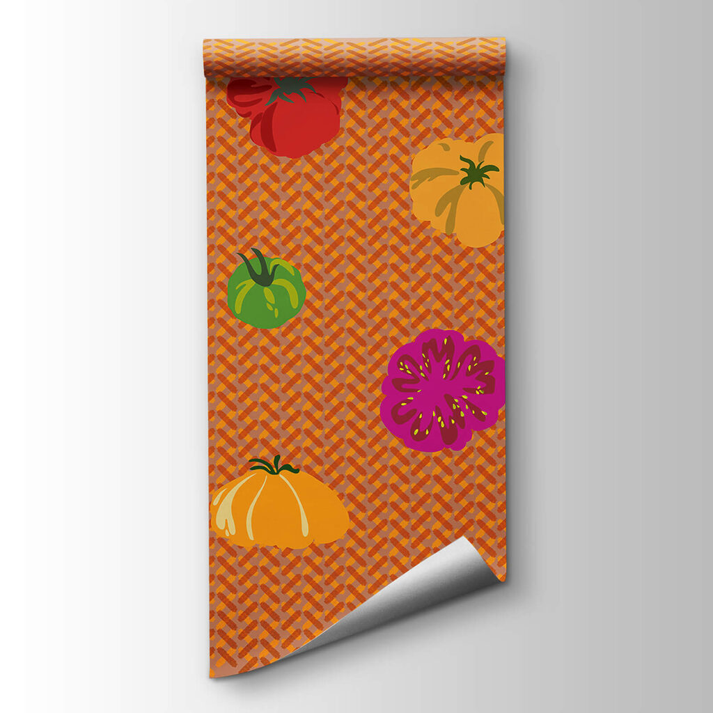 Group of tomatoes on a woven surface