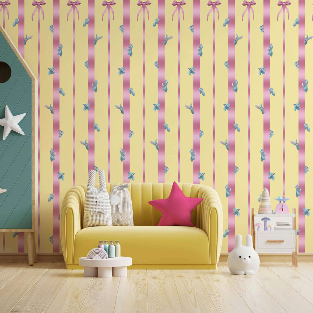 Fundo listrado rosa e amarelo com pássaros e laços