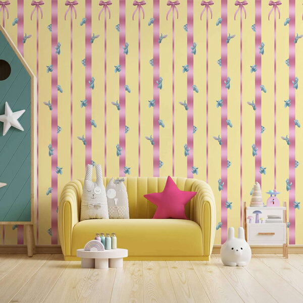 Papel de parede Papel de parede Fundo listrado rosa e amarelo com pássaros e laços (REF: t00477)