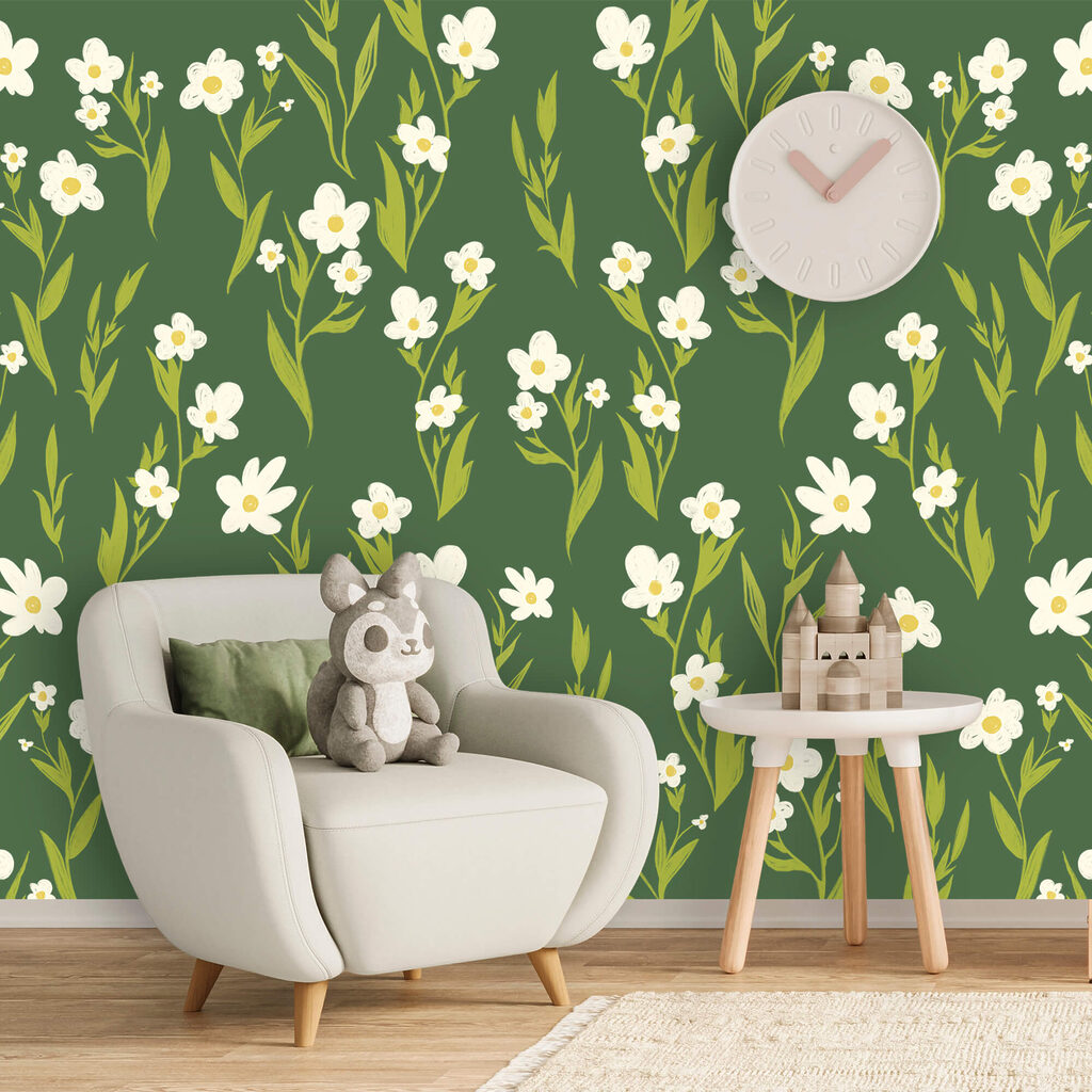 Padrão de flores brancas e folhas verdes