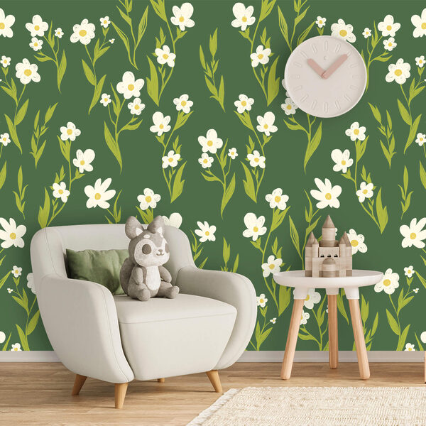 Padrão de flores brancas e folhas verdes