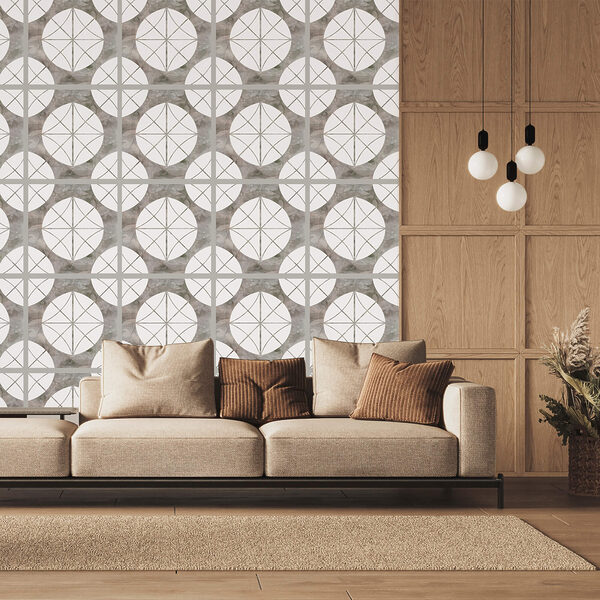 Padrão de círculos brancos e quadrados cinzentos