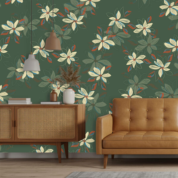 Padrão de flores brancas e folhas vermelhas sobre fundo verde