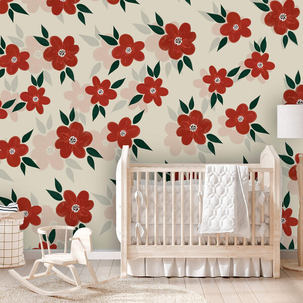 Padrão de flores vermelhas e folhas verdes