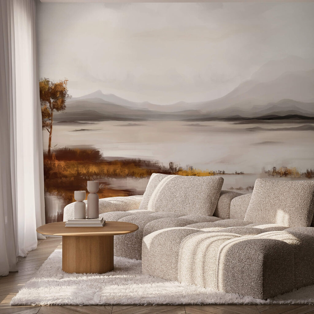 Paisagem de um lago com montanhas ao fundo