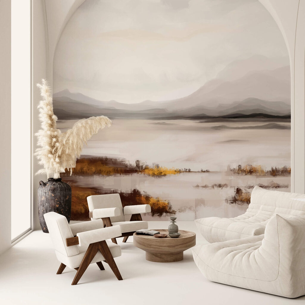 Paisagem de um lago com montanhas ao fundo