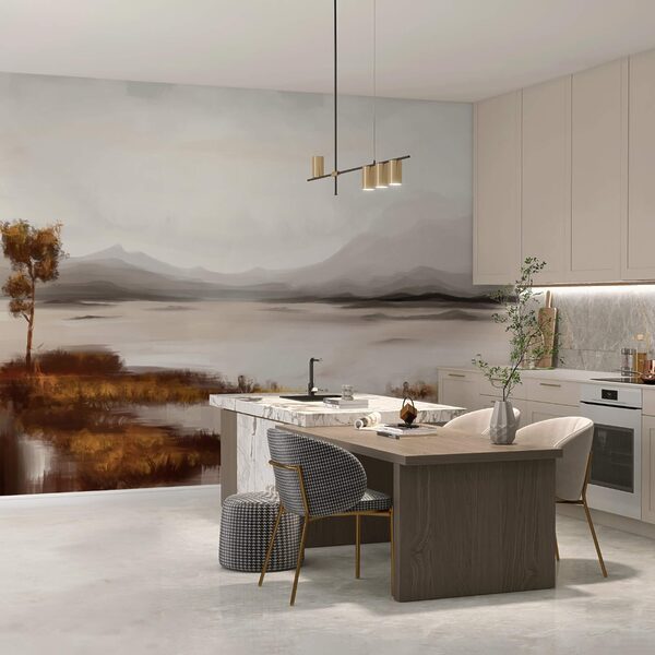 Paisagem de um lago com montanhas ao fundo