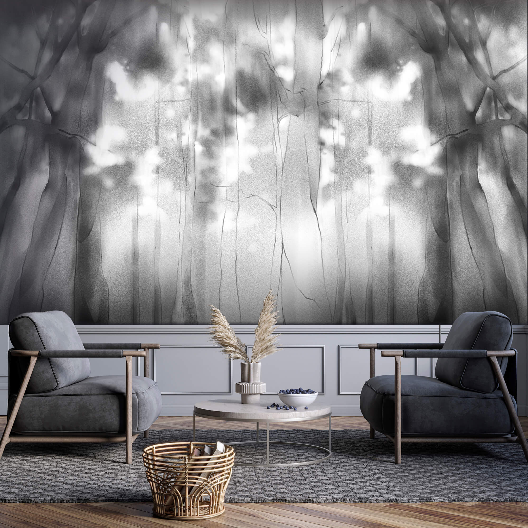 Imagem em preto e branco de árvores