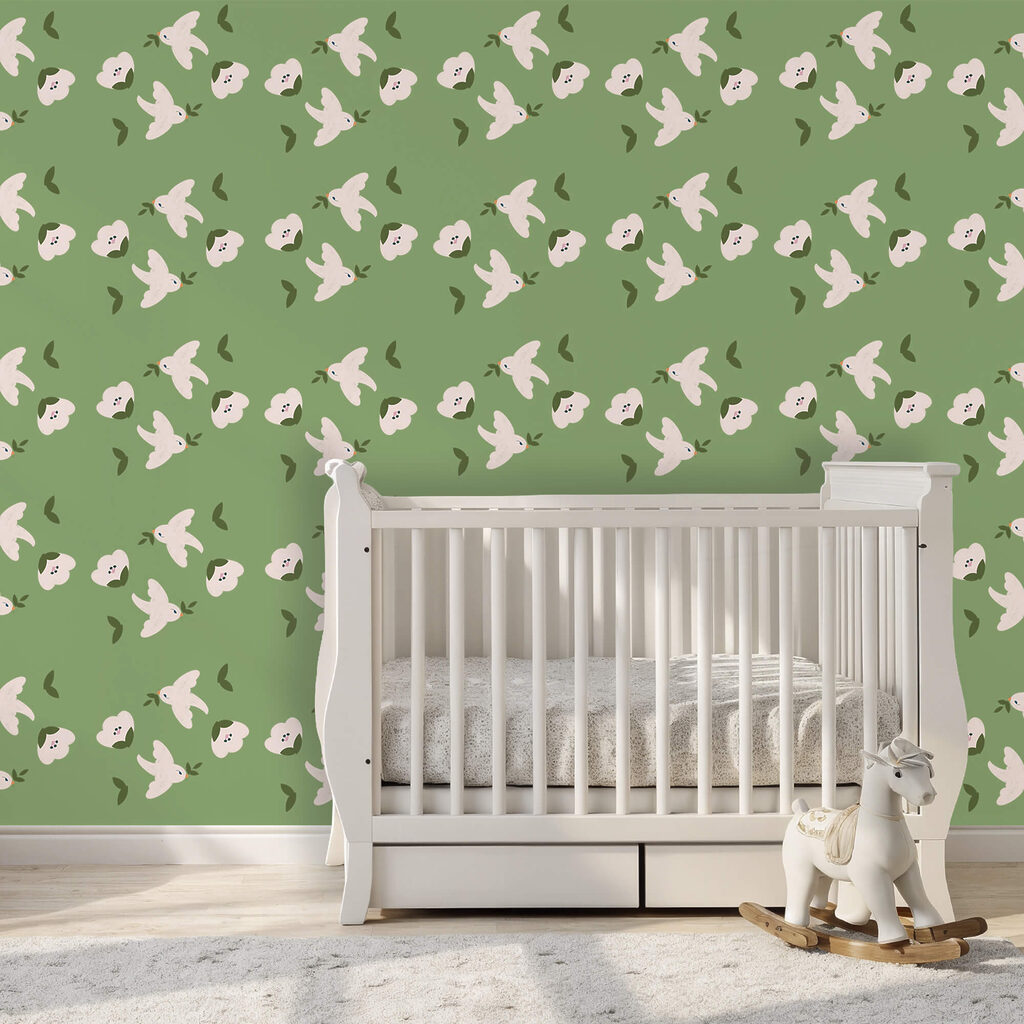 Padrão de pássaros brancos e folhas verdes