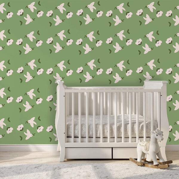 Padrão de pássaros brancos e folhas verdes