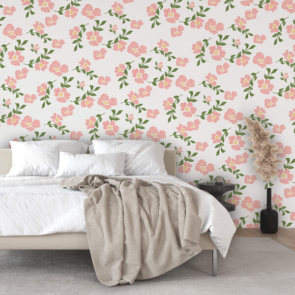 Padrão de flores cor-de-rosa e folhas verdes