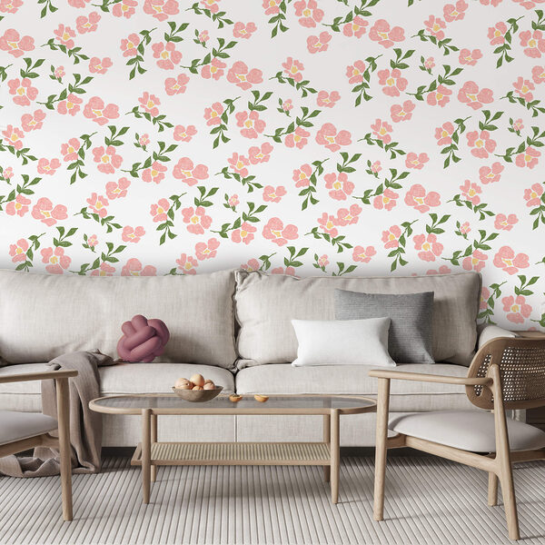 Padrão de flores cor-de-rosa e folhas verdes