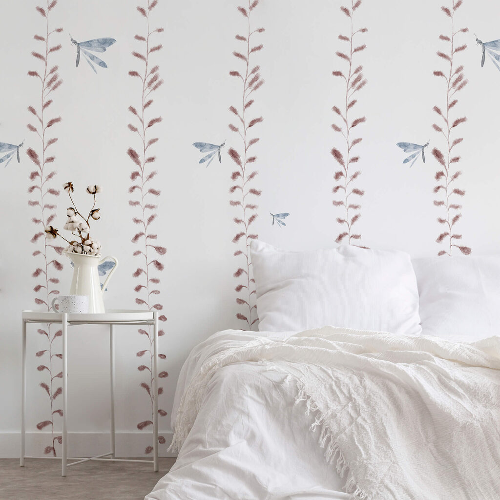 Papel de parede com libélulas e folhas