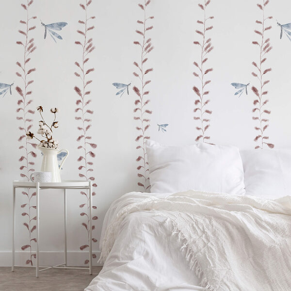 Papel de parede com libélulas e folhas