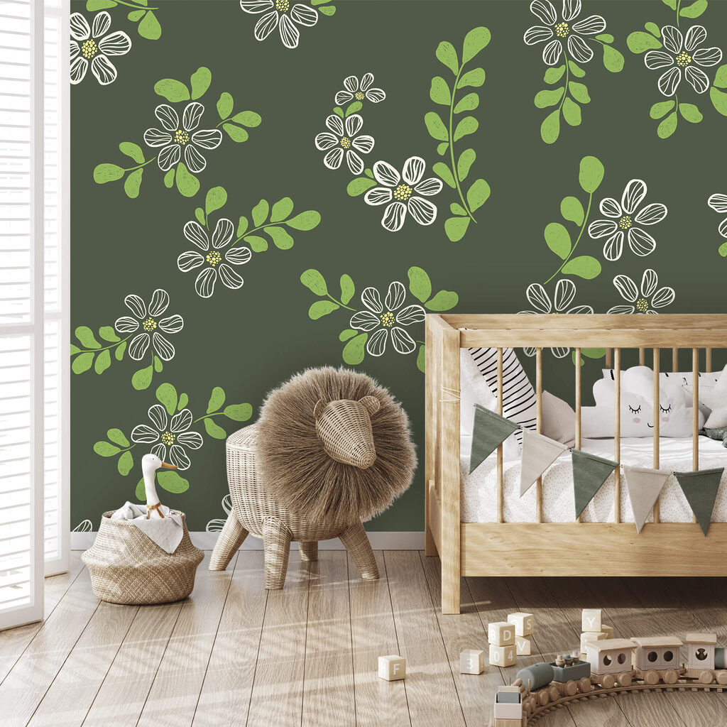 Padrão de flores brancas e folhas verdes