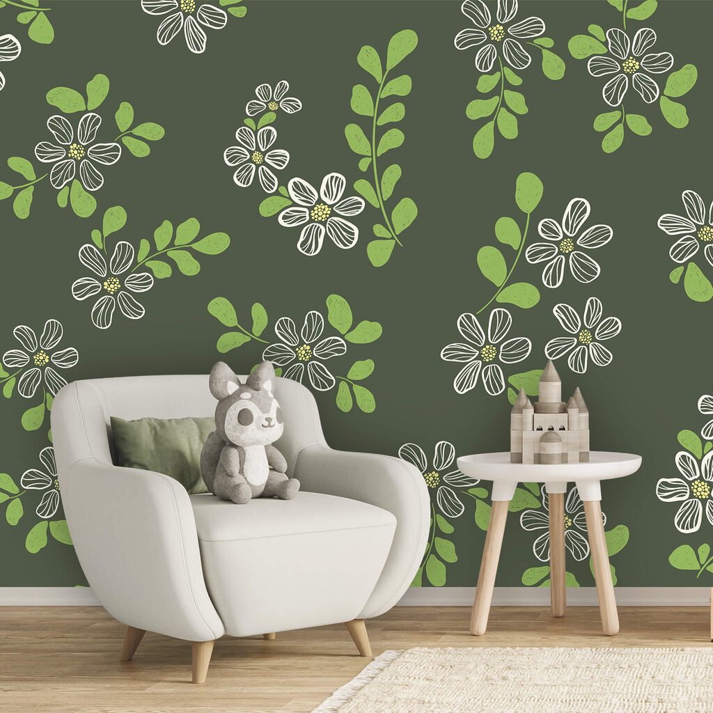 Padrão de flores brancas e folhas verdes