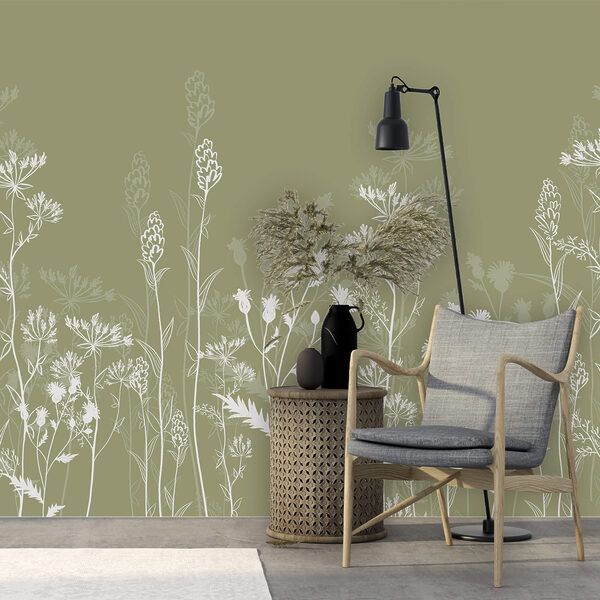 Silhuetas florais delicadas sobre fundo verde