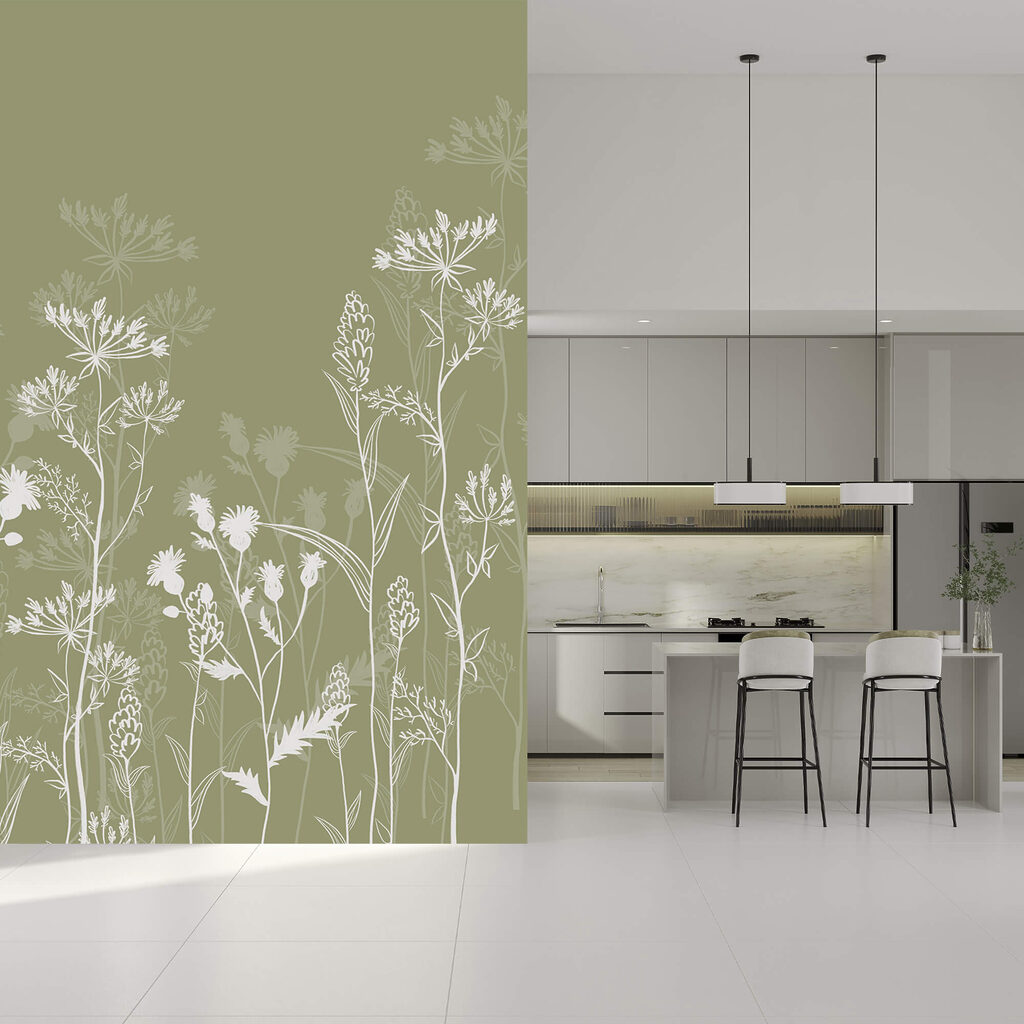 Silhuetas florais delicadas sobre fundo verde