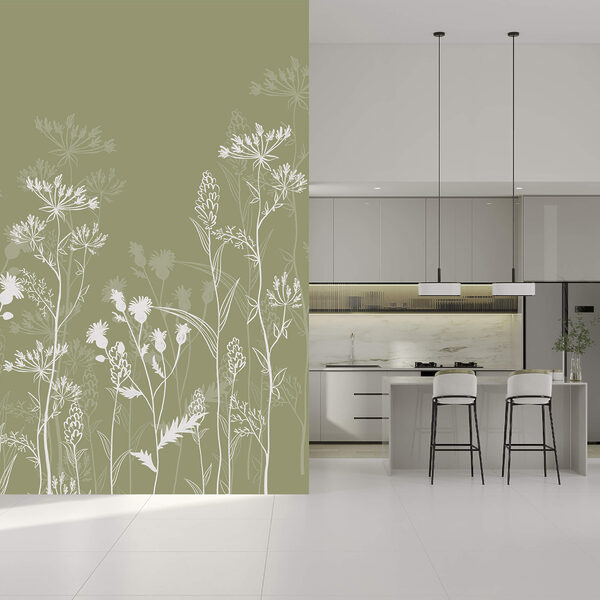 Silhuetas florais delicadas sobre fundo verde