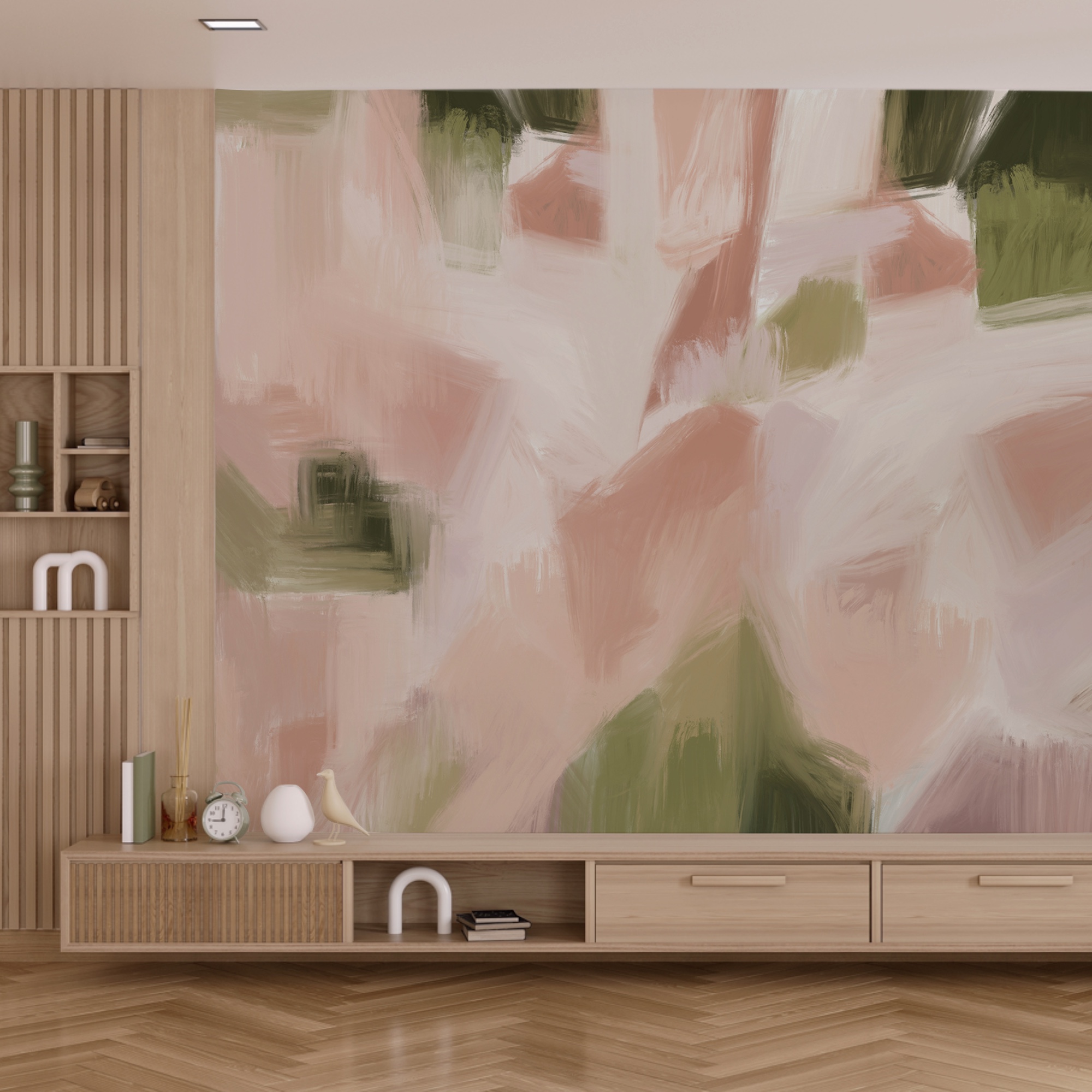 Pintura com um fundo rosa e verde