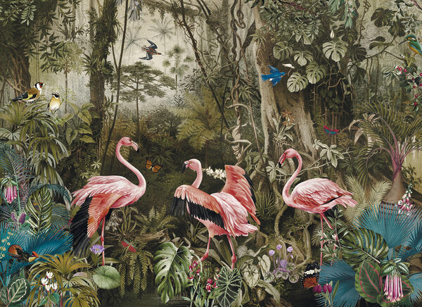 Group of pink flamingos in a forest