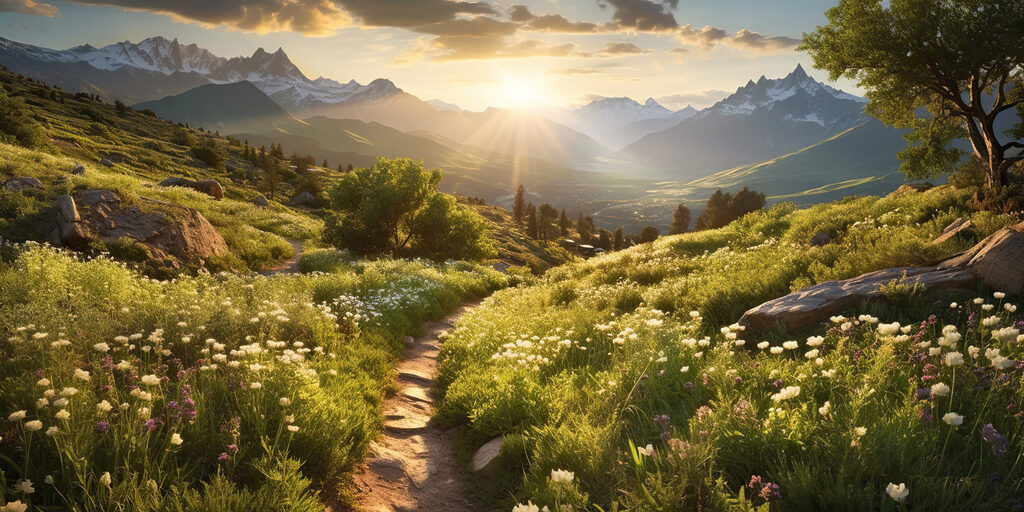 Path through a grassy field with mountains in the background Path through a grassy field with mountains in the background