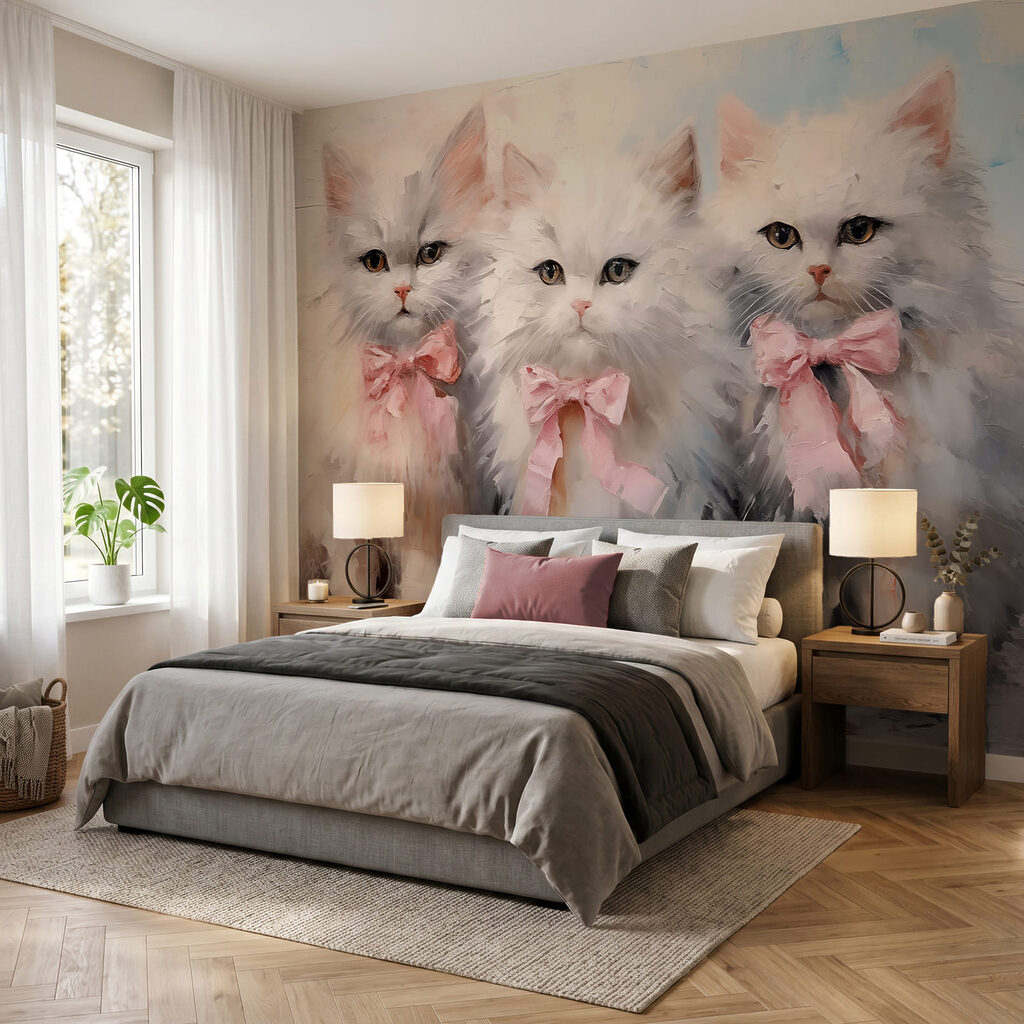 Grupo de gatos brancos com laços cor-de-rosa