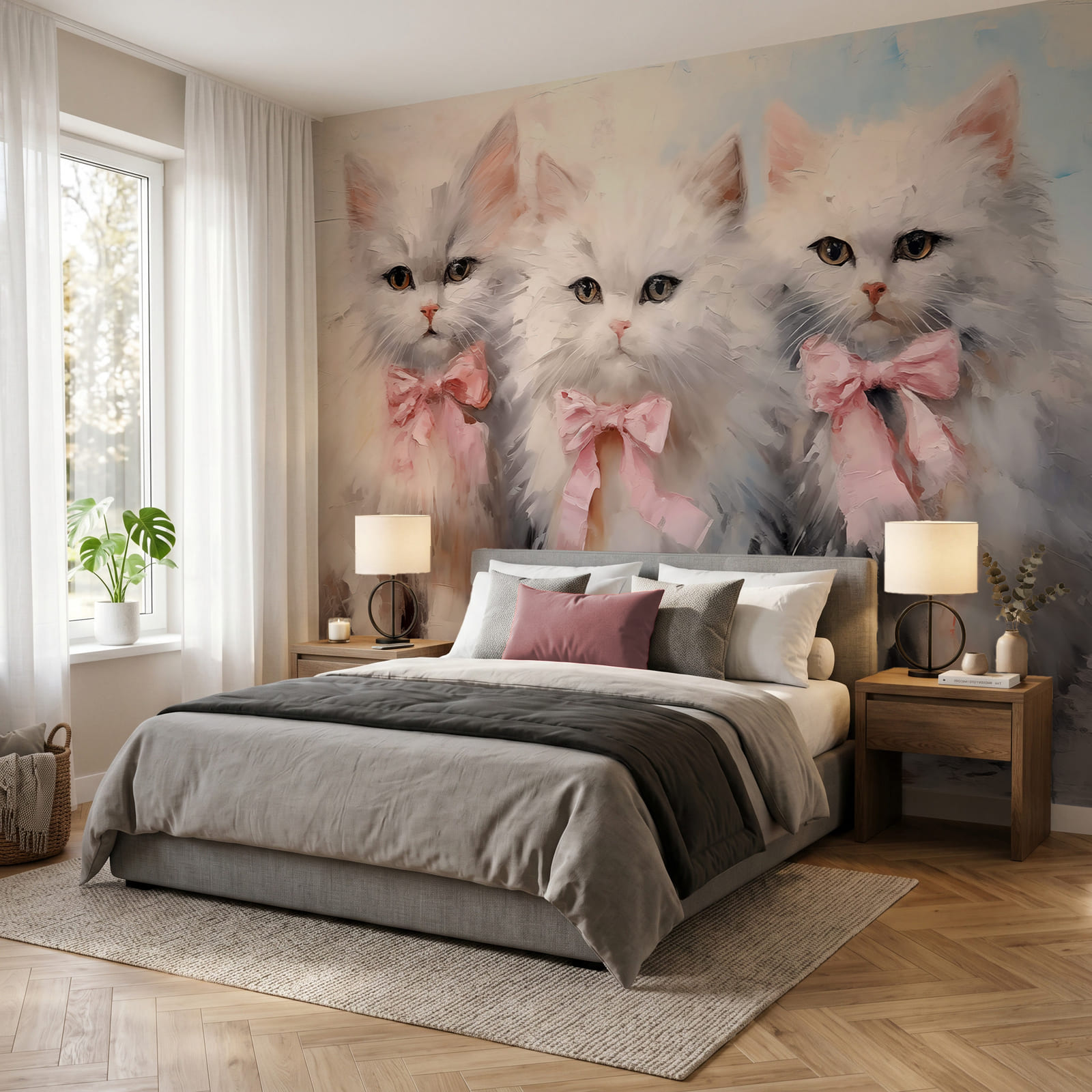 Grupo de gatos brancos com laços cor-de-rosa